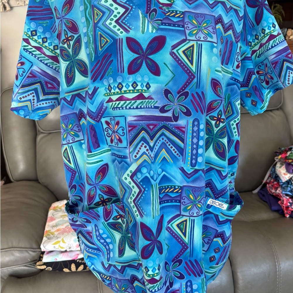 Cherokee Blue and Purple Patterned scrub top P2P 22", length 28"